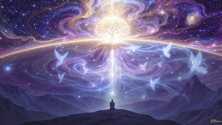 Feature Image of Realms of Rabbil Alameen Depicting Islamic Cosmology with Divine Light and Cosmic Layers